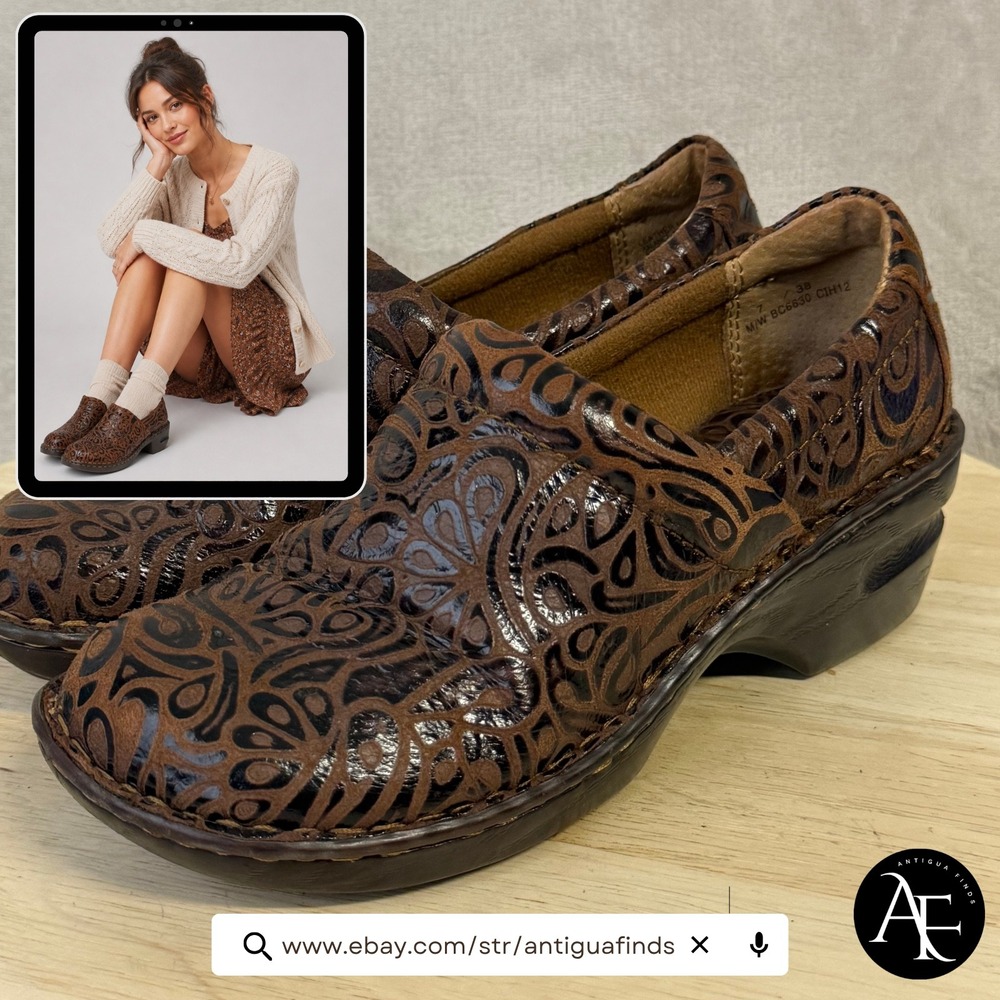 B.O.C. Born Concept May Brown Embossed Leather Clogs Mules BC6630 Womens 7 / 38